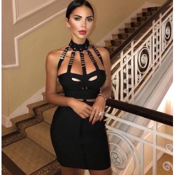 Women Luxury Sexy Eyelet Cut Out Black Bandage Dress 2018 Knitted Elastic Party Dress